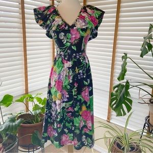 Vintage All That Jazz 1980's black retro floral strappy back midi dress Sz 3/4